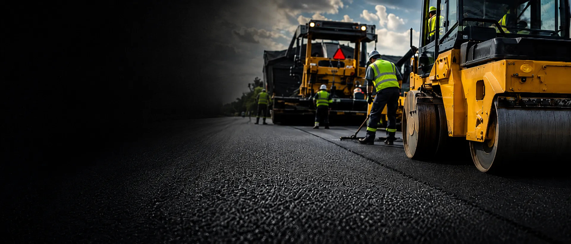American Asphalt crew paving and compacting a fresh asphalt surface