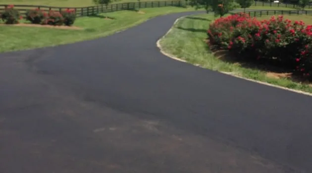 Smooth new asphalt drive curving through a landscaped property